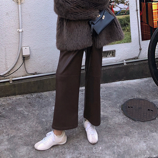 皮裤 LANGBOOM 九分裤 乌木棕蛋白皮宽松直筒裤 柔软小羊皮质感