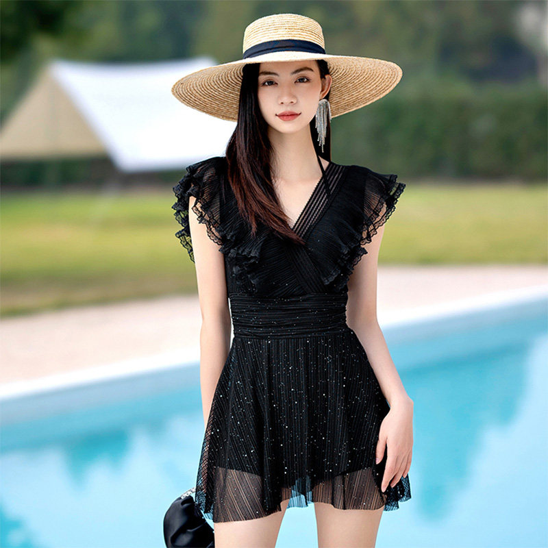 泳衣女连体裙式纯色无袖保守仙气遮肚显瘦2023新款夏季泡温泉泳装