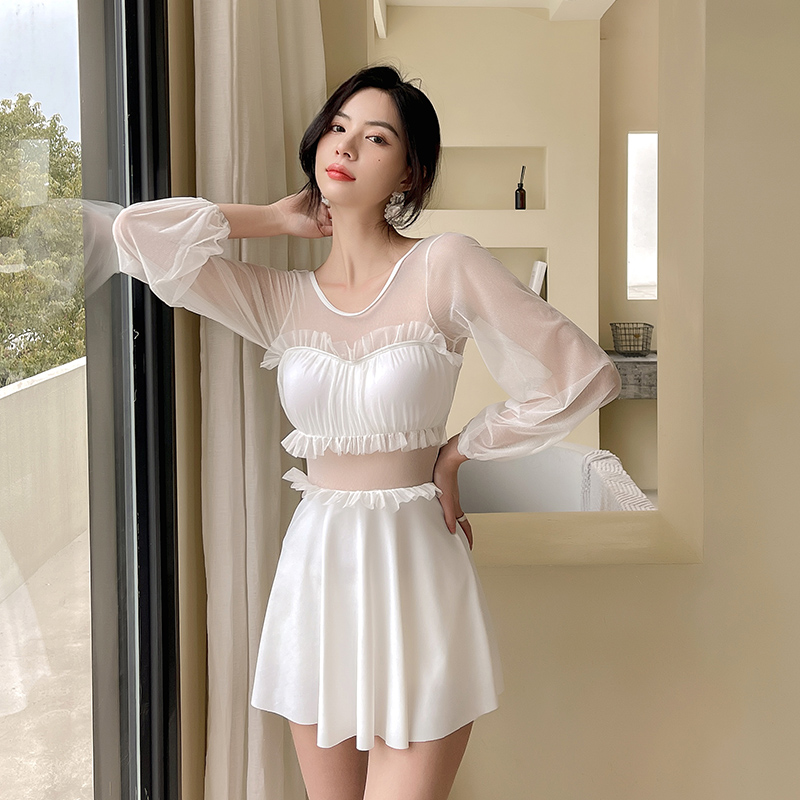 泳衣女连体裙式长袖网红风防晒遮肚露背性感2024新款夏季温泉泳装