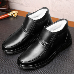 冬天头层牛皮羊毛保暖男士棉鞋黑色冬季平跟真皮圆头休闲加厚男鞋