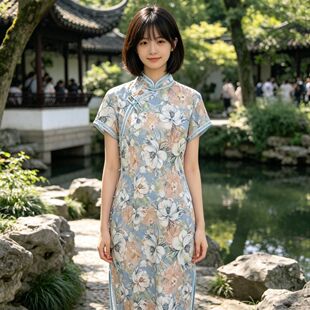 弹力棉印花旗袍中长款复古气质改良版连衣裙夏季清新淡雅素雅温柔