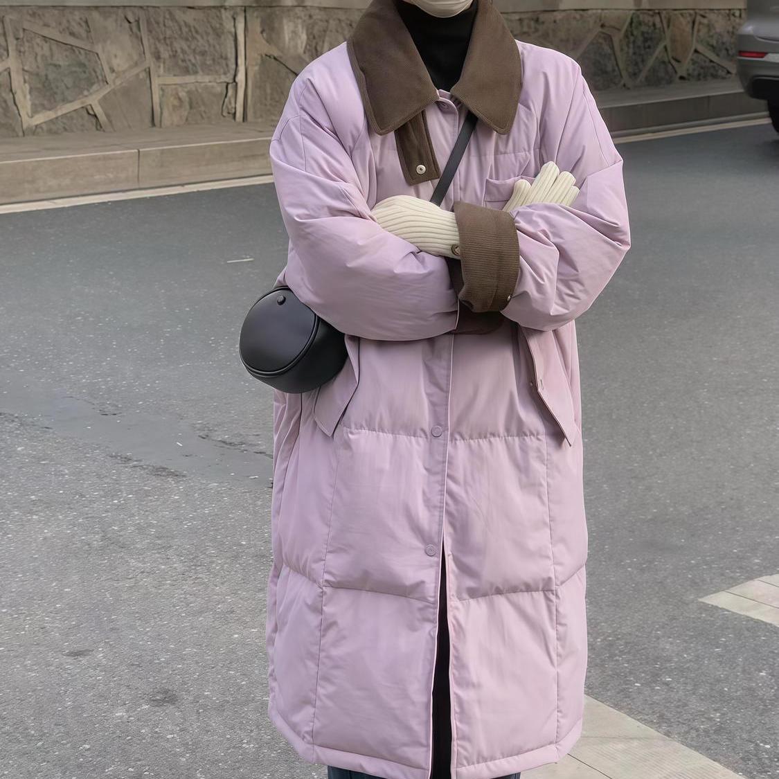 百搭翻领长袖棉衣棉服女宽松显瘦中长款外套秋冬面包服保暖加厚