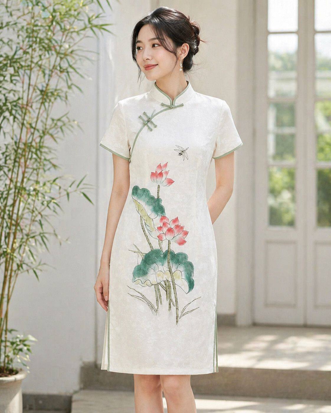 弹力棉女旗袍百搭显瘦夏季新款高腰简约高档女士连衣裙中长款修身