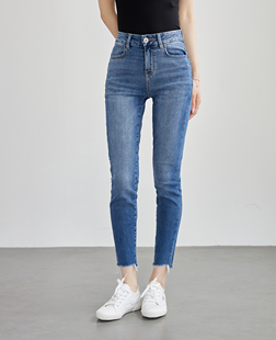 米鹰新款蓝色小锥裤女外贸原单大码高腰弹力显瘦牛仔小脚九分裤薄