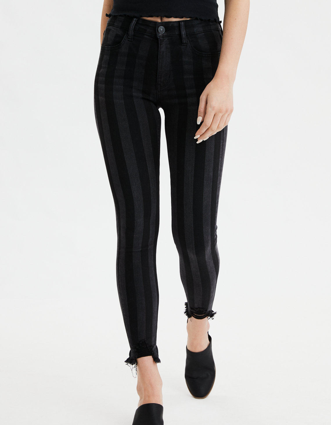 原单黑色条纹高腰收腹小脚毛边破洞九分裤黑色弹力89分女小脚鹰家