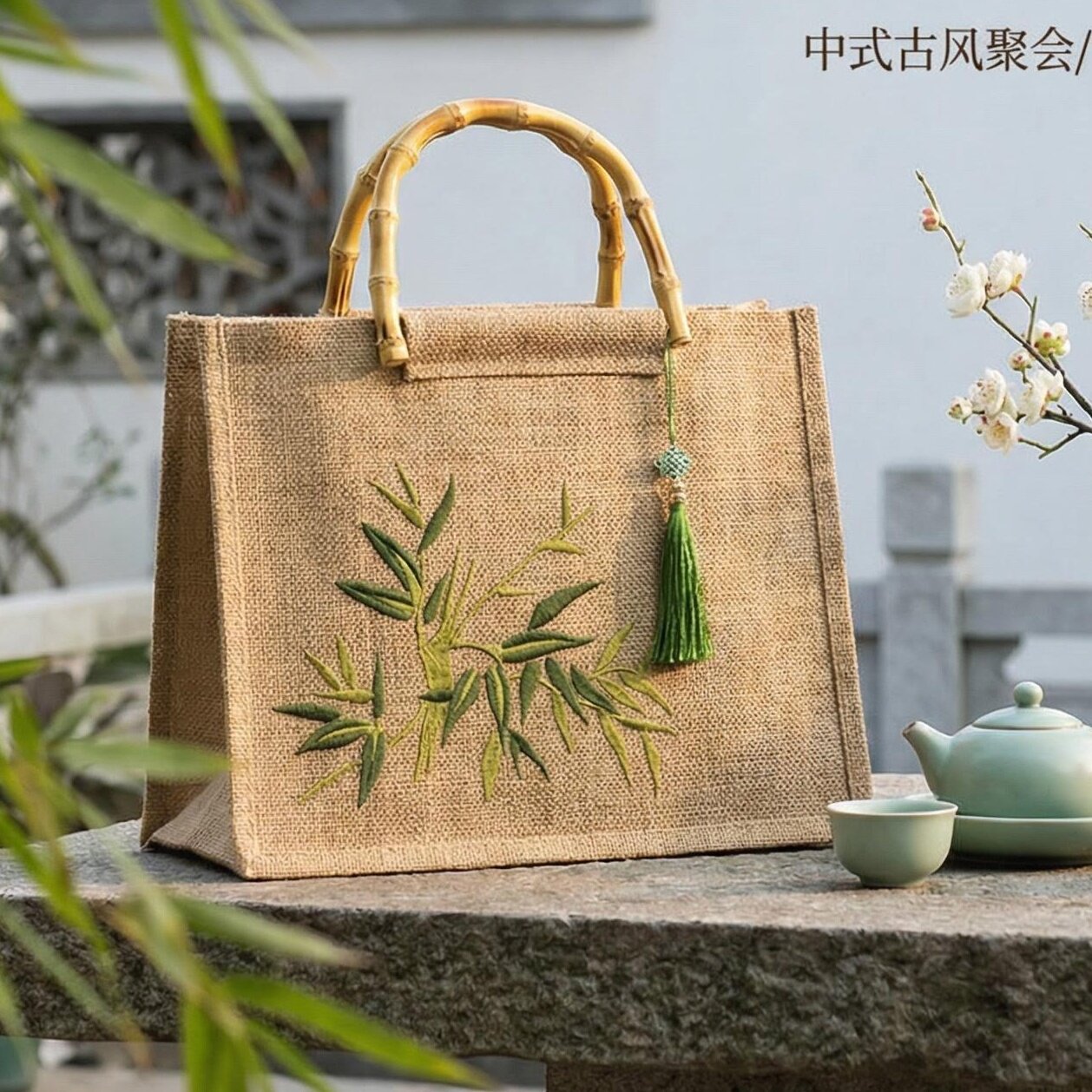 竹编手提袋刺绣国风麻布袋定制图片