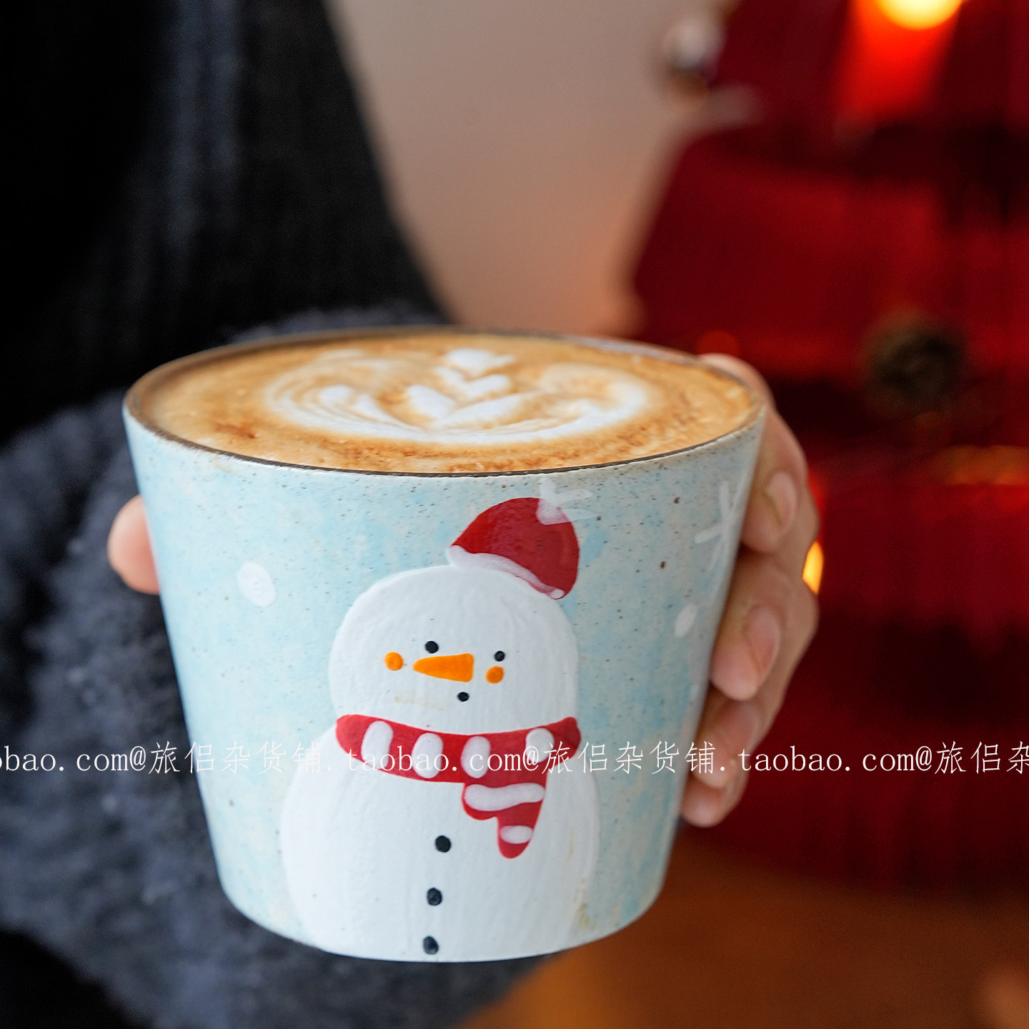 景德镇手绘月光蓝圣诞雪人紫砂猪口杯咖啡杯拿铁拉花杯饮品杯礼物