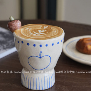 复古可爱粗陶手绘苹果手握杯立体苹果咖啡杯拉花杯甜品杯礼物