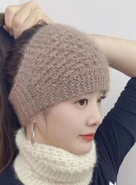 新款针织秋冬帽子毛线保暖头套发带冬季白发护耳包头带宽头巾围脖