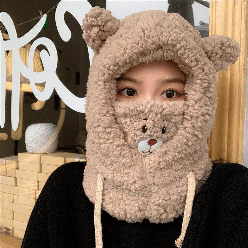 BEAR HAT WINTER CUTE SCARF MASK INTEGRATED EAR CAP WINTER PLUSH SCARF HOODED WOMEN WINDPROOF AND WARM