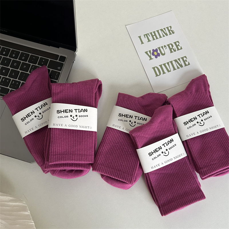 春秋美拉德紫红色袜子潮袜紫色中筒袜运动长袜彩色多巴胺搭配衣服