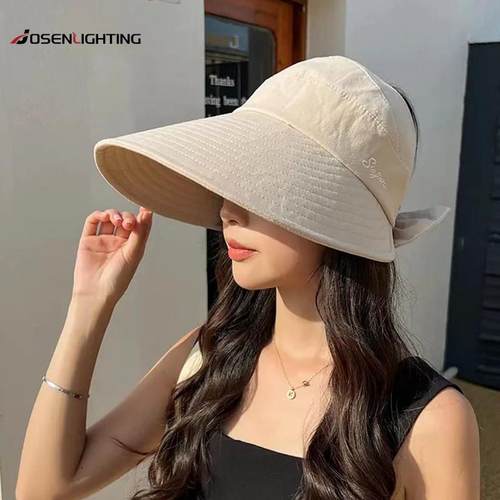 大檐遮阳帽女夏季出游扎马尾防晒太阳帽百搭骑车遮脸空顶帽子Q