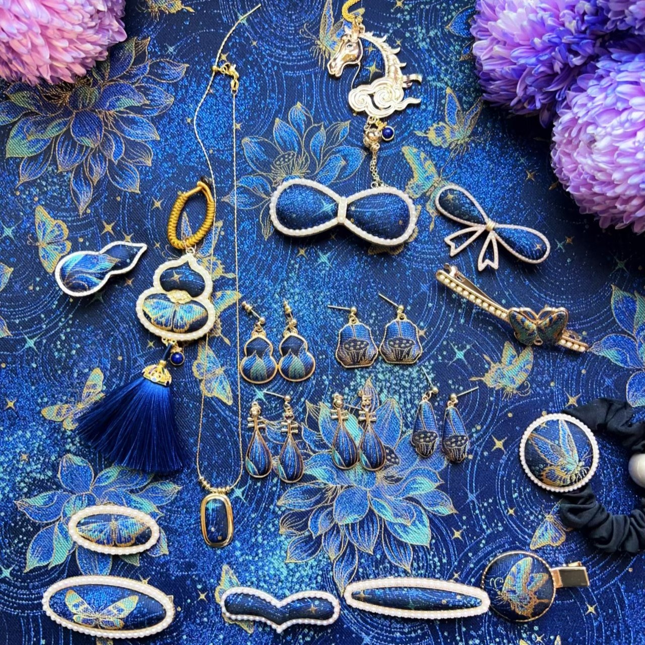 非遗原创新中式国风宋锦星空夜莲纯手工耳环抓夹发夹边夹挂件套装,饰品/流行首饰/时尚饰品新,组合套装,淘宝优惠券,粉丝福利购,淘宝优惠卷