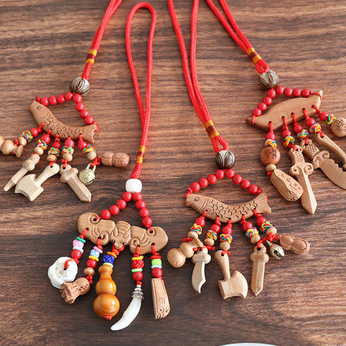 宝宝饰品婴儿孕妇平安别针桃木狗牙桃篮木雕儿童随身挂件