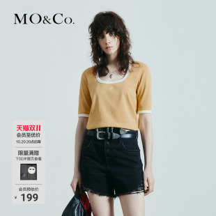 MOCO短袖 设计感摩安珂 T恤春夏深U领撞色镶边LOGO印花正肩收腰短款