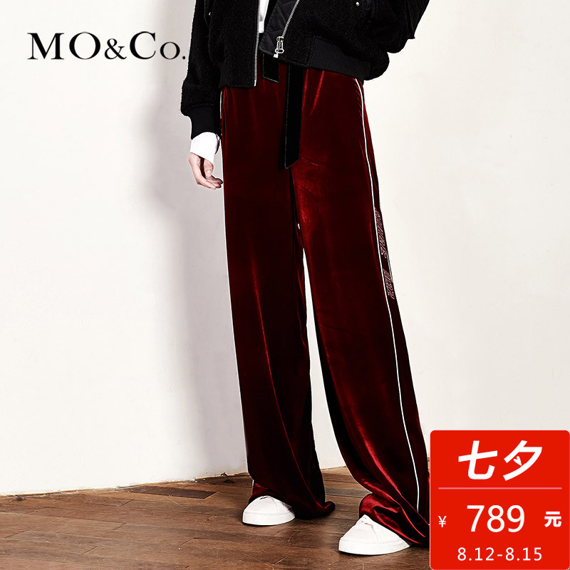 MOCO絲絨松緊腰抽繩運動褲直筒褲長褲女MA174PAT209 摩安珂