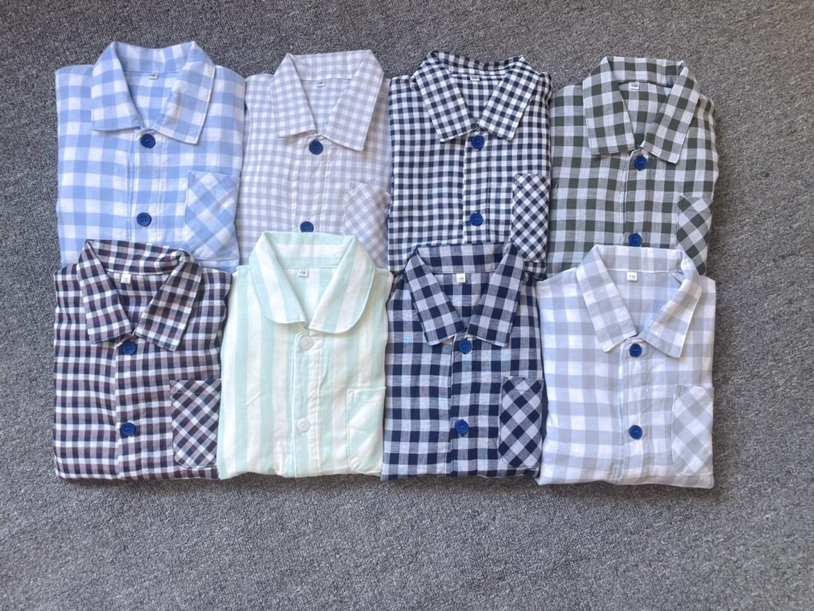 出口外贸原单春夏季儿童家居服男女宝宝睡衣格子纯棉纱布长袖套装