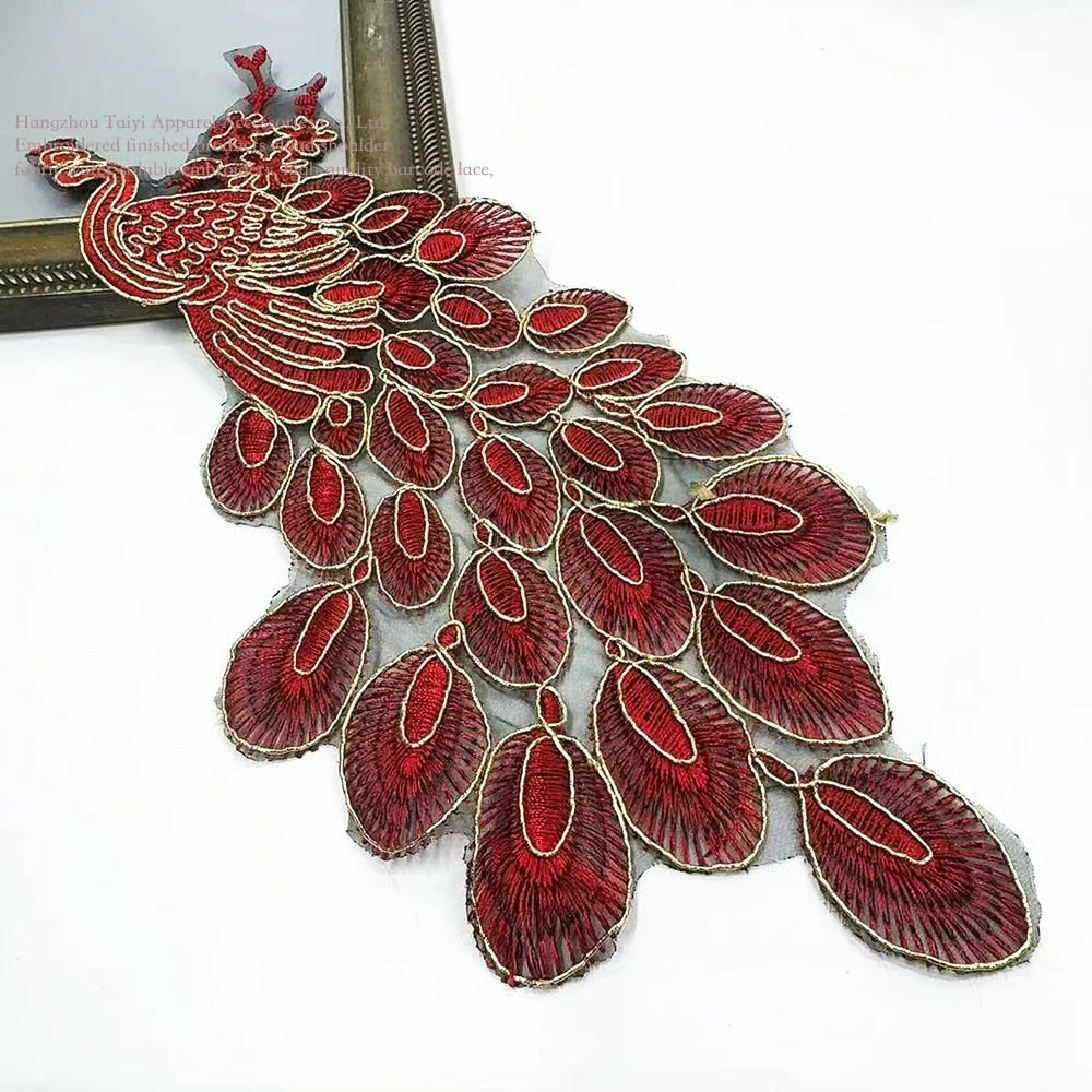 大号欧根纱钉珠孔雀刺绣布贴DIY绳绣服装辅料旗袍服饰装饰补丁贴