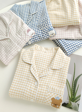 泡芙小熊睡衣情侣春秋款纯棉法兰绒磨毛绒布保暖居家服男士家居服