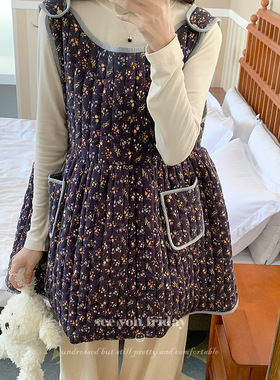 藏青碎花背心裙女秋冬款纯棉三层绗棉夹棉坎肩上衣外穿睡衣家居服