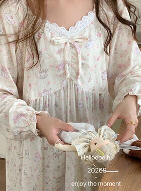 碎花狗狗韩系纯棉睡裙双层纱布婴儿棉宽松大码公主长裙家居睡衣