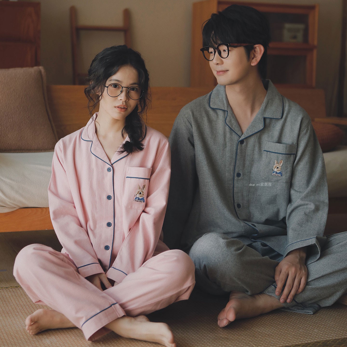 可爱兔兔纯棉绒布情侣休闲睡衣