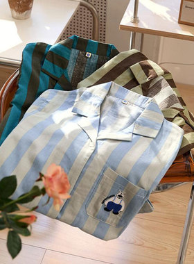 睡衣情侣夏季女纯棉纱布短袖居家服日系可爱长袖男士春秋款家居服