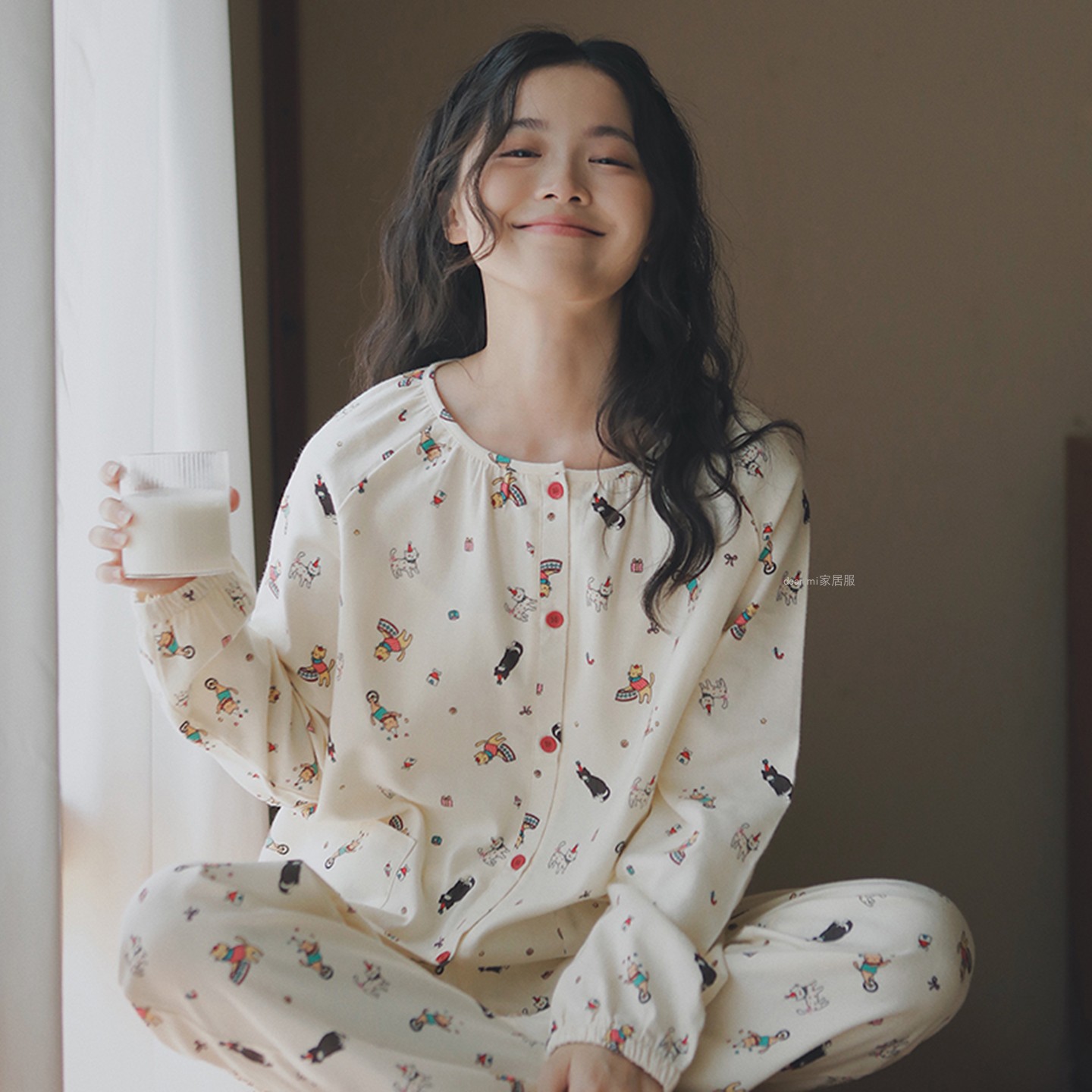 奶油猫咪纯棉磨毛绒布开衫睡衣