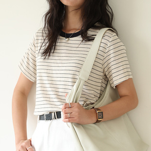 打底衫 天丝亚麻短袖 女百搭圆领T恤 夏季 休闲撞色套头上衣2025新款