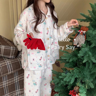 狗狗兔兔睡衣女秋冬季珊瑚绒保暖加厚羊羔毛绒甜美卡通韩式家居服