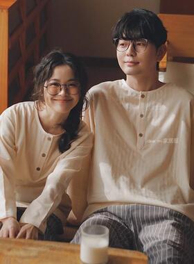 睡衣情侣春夏季纯棉纱布男简约圆领长袖宽松休闲可外穿女士家居服