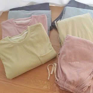 慕斯磨毛睡衣女秋冬季带胸垫加绒免文胸上衣外穿男舒绒情侣家居服