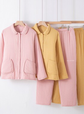 格子加厚夹棉睡衣女冬季纯棉纱布零度可穿保暖棉袄长袖家居服