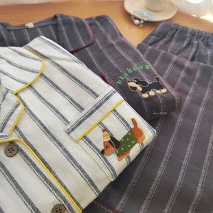 狗狗情侣睡衣女秋冬季 家居服 纯棉磨毛绒布保暖全棉法兰绒条纹男士