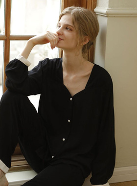 法式小香风睡衣女春秋人棉贡缎长袖薄款居家服黑色棉绸家居服套装