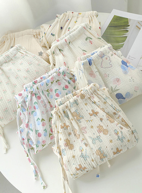 清新百搭睡裤女夏季纯棉纱布长裤卡通居家裤春秋天宽松碎花休闲裤