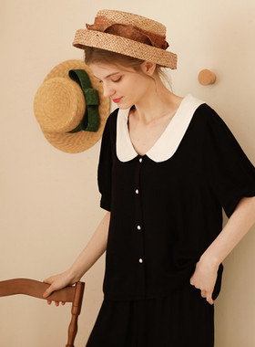 小香风娃娃领睡衣女夏季人棉贡缎短袖短裤长裤薄款黑色法式家居服