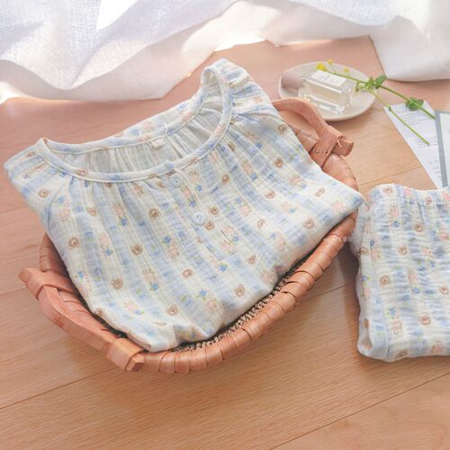奶蓝碎花小熊婴儿棉纱短袖睡衣