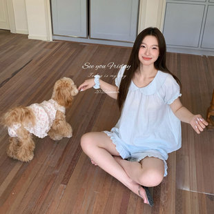 清爽薄荷蓝波点娃娃领短袖短裤家居服韩国2026夏季纯棉纱布女睡衣