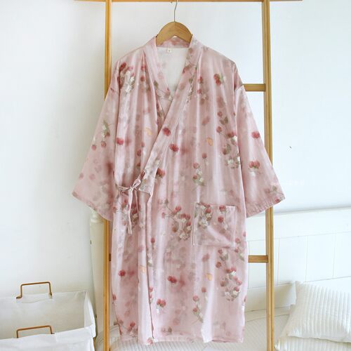 粉草莓透气棉纱和服睡袍睡裙