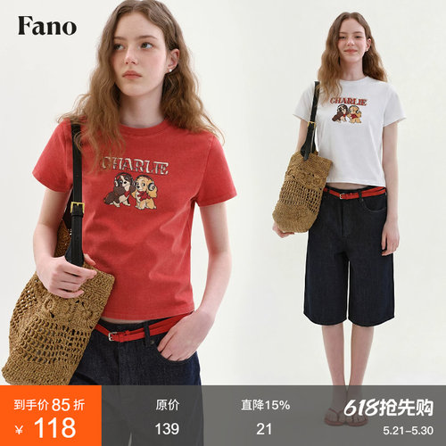 范洛Fano 100棉美式复古童趣风T恤女2026夏新款小狗印花红色上衣