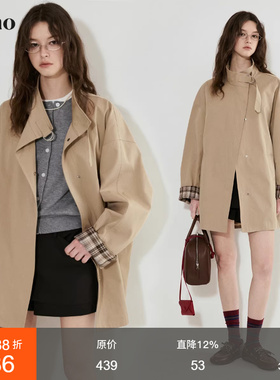 范洛Fano 英伦风范袖口撞色格纹拼接中长款金属四合扣风衣外套女