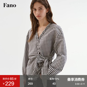 女2026设计感木耳边V领绑带收腰小衫 范洛Fano 早春黑白格纹衬衫