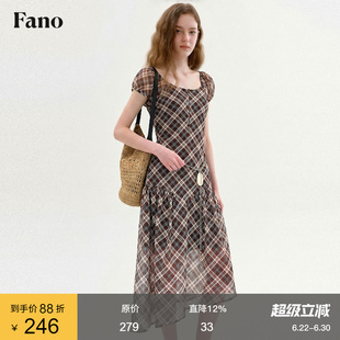 范洛Fano 复古撞色格纹方领连衣裙女2026夏季新款方领泡泡袖A字裙