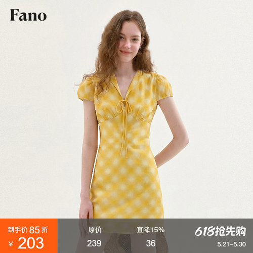 范洛Fano 法式俏皮感格纹连衣裙女2026夏新款V领泡泡袖收腰短裙
