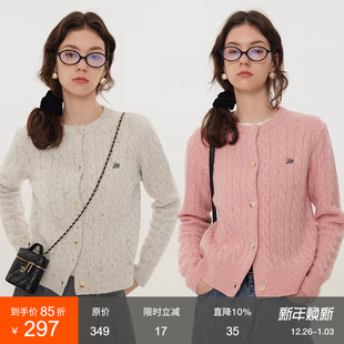 复古绞花毛衣外套上衣 新款 范洛100%美利奴羊毛针织开衫 女2026春季