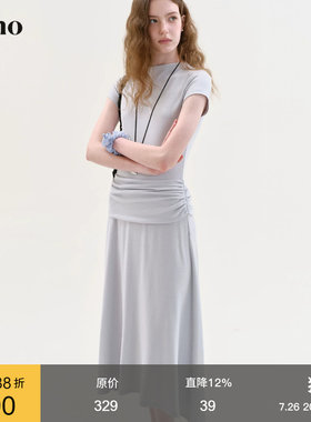 范洛Fano 温柔减龄风半高领连衣裙女2026夏季新款蓝色堆褶A字长裙