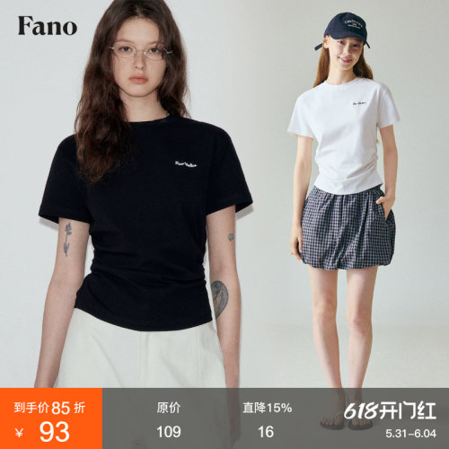 范洛高级感腰侧抽褶极简黑色t恤