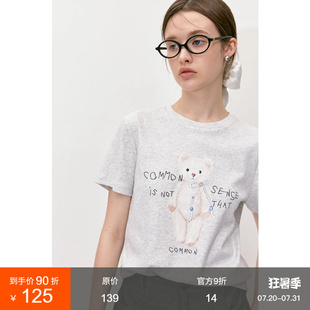 上衣 范洛松弛感蝴蝶结小熊T恤休闲韩系小众印花显瘦正肩宽松短袖