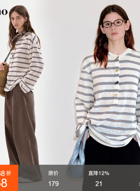 范洛Fano miu系牛角扣亨利衫复古慵懒条纹长袖宽松T恤女2026新款